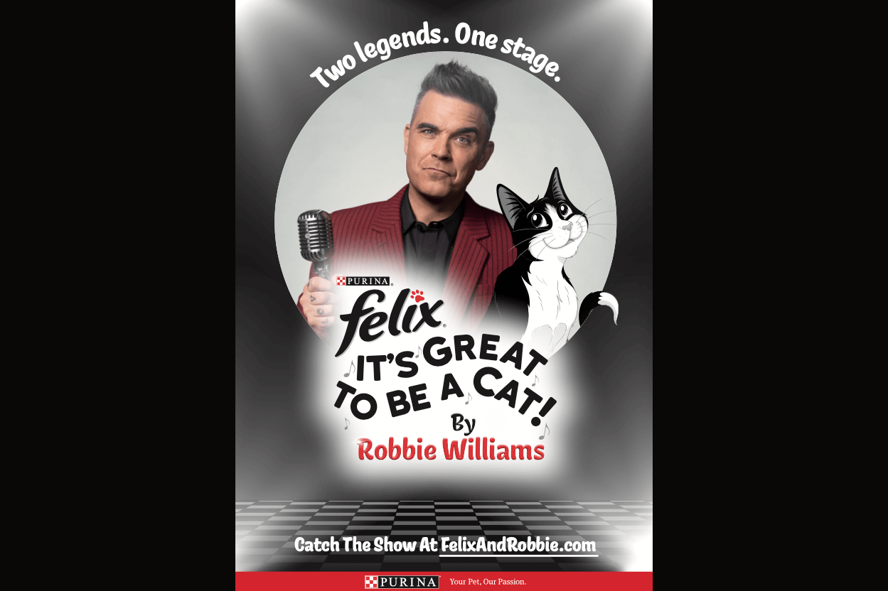 Image of Robbie Williams wearing a purple striped suit jacket, accompanied by Felix the Cat inside a circular frame. White text surrounding them reads 'Two legends. One stage.' with a call-to-action (CTA) to 'Catch The Show at FelixAndRobbie.com'.