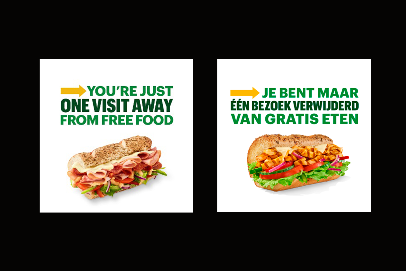 Two posters - both with a German headline pointed to by a yellow arrow, accompanied by images of Subway sandwiches filled with chicken, lettuce, and tomato and ham, cheese, and salad, respectively.