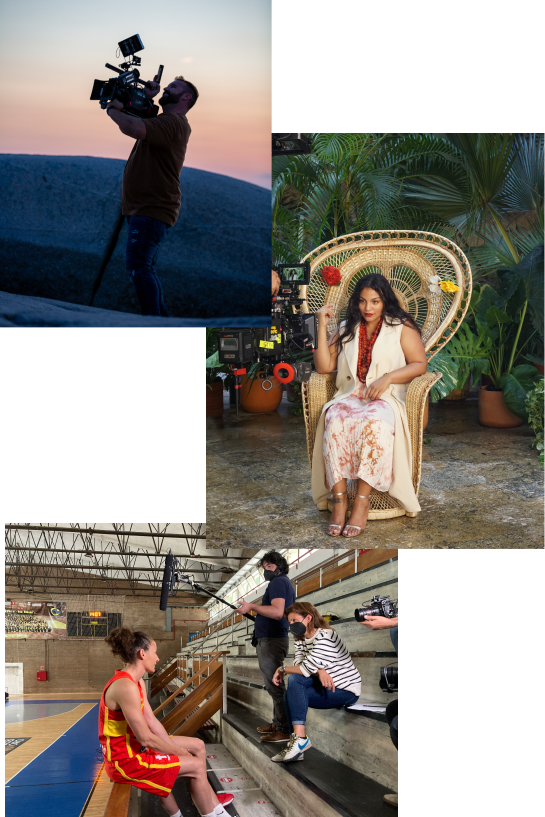 A man is holding a Steadicam camera in an open area during sunset. A chic Indian woman sits on a wicker chair with an extended back, dressed in a cream waistcoat and white skirt with pink patterns. Her silver open-toe shoes are visible as she looks directly at the camera, with palm trees in the background. A female basketball player wearing a red and yellow uniform is being interviewed at the sideline of a court.